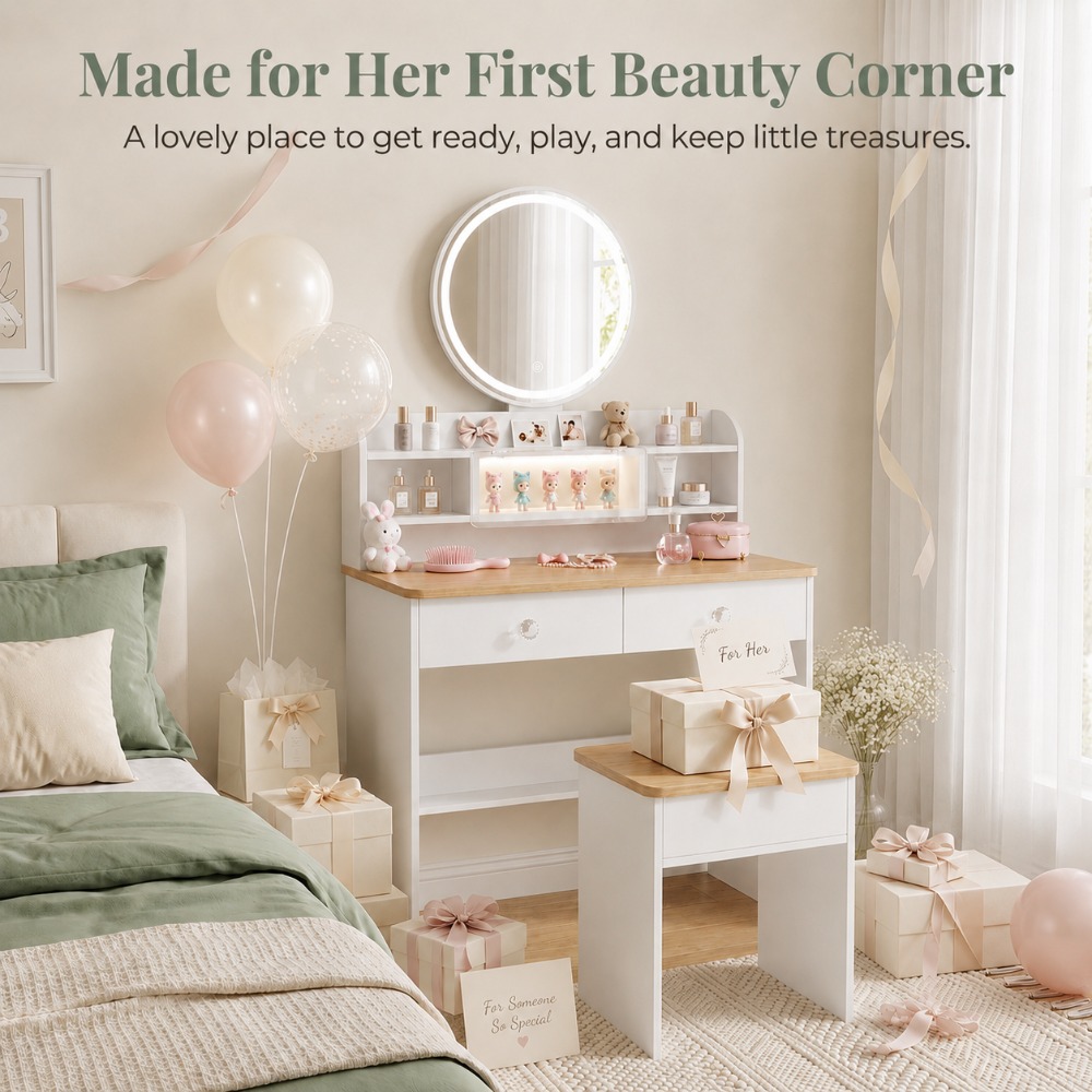 Beauty Makeup Vanity Set - هدية مثالية لها، طاولة زينة خشبية